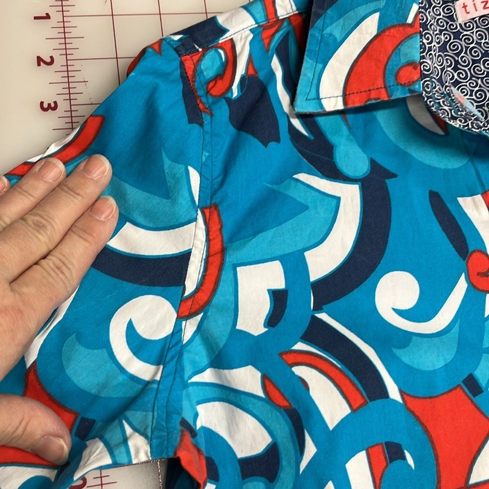 TIZZIE Artsy Mod Print Contrast French Cuff Preppy Retro Blue/Red Cotton Top S - Picture 4 of 16